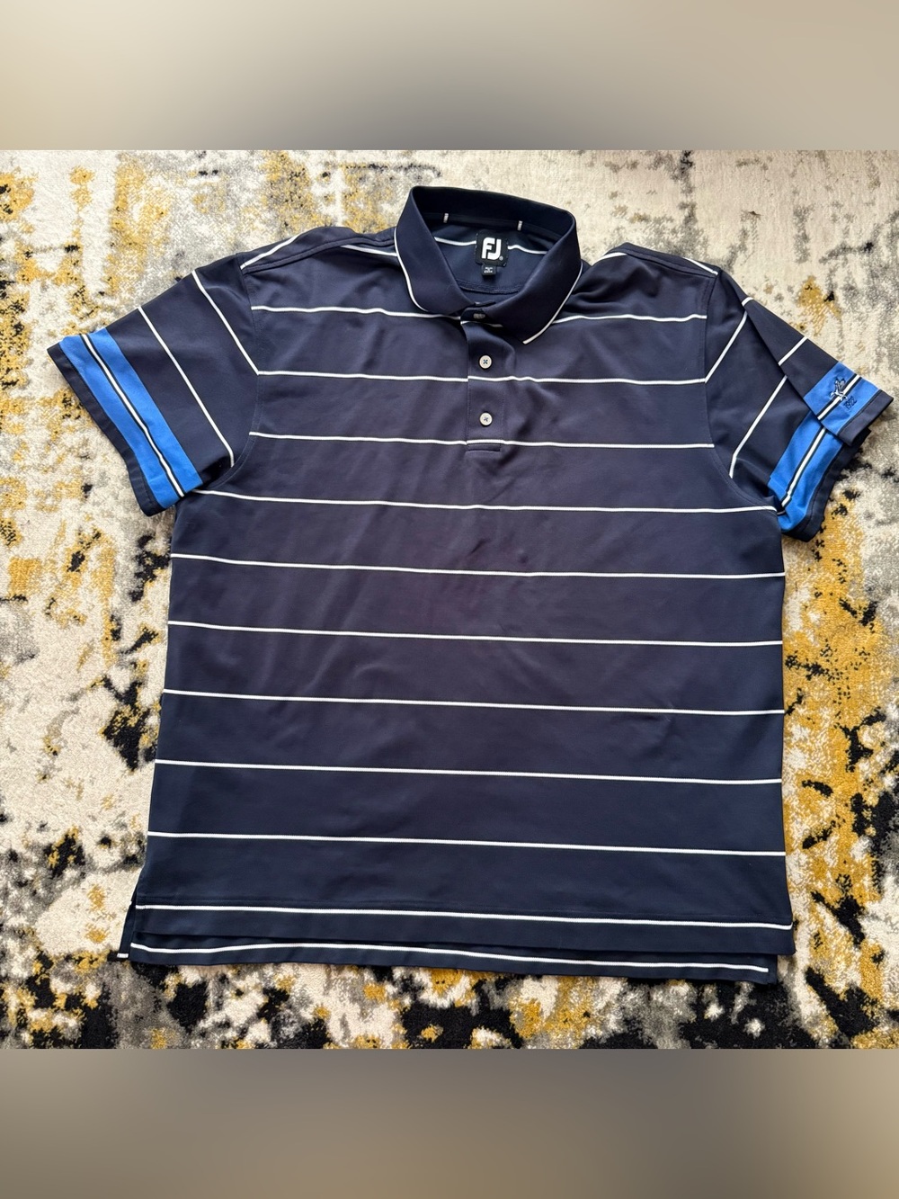 FootJoy Navy Polo with White Stripes and Blue Sleeve Bands